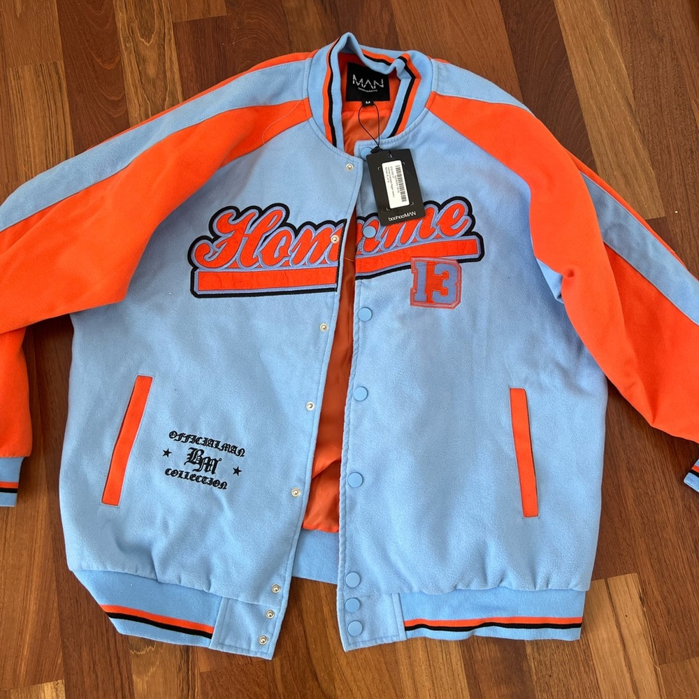 Blue and Orange Homme Varsity Jacket